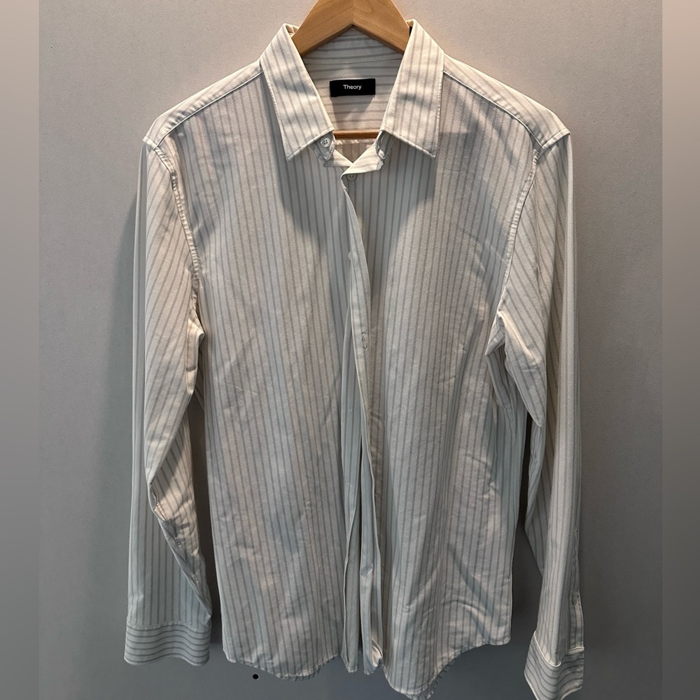 Theory - White & Grey Pinstripe Shirt - Size L